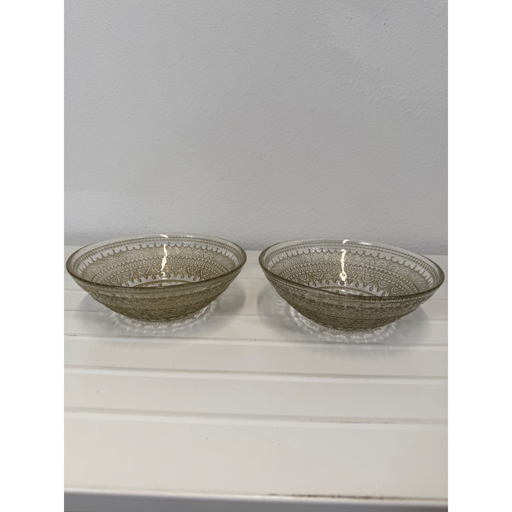 Set of 2 Gold Embossed Glass Mandala Bowls Bohemian Lace Pattern 6.5 Inch